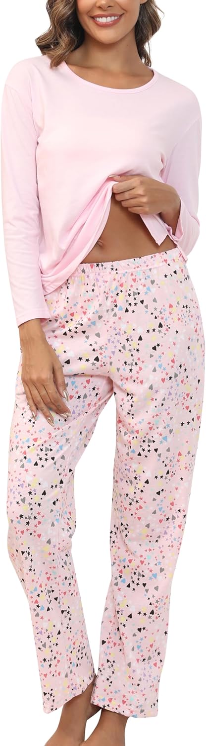 PNAEONG Women's Cotton Long-Sleeve Tops and Full-Length Pajama Set Two-Piece Pjs with Pockets SY008