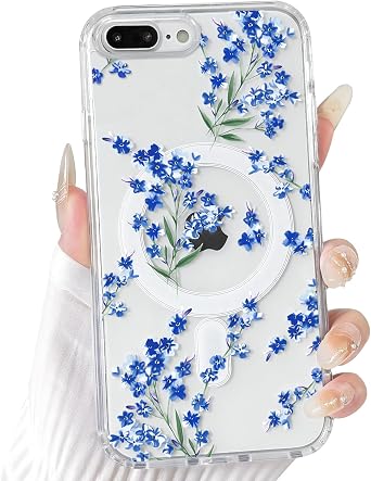 NITITOP for iPhone 7 Plus / 8 Plus Case Magnetic Clear Flower - Blue