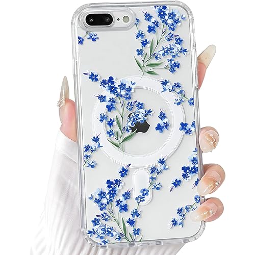 NITITOP Compatible with iPhone 7 Plus / 8 Plus Case Clear Magnetic Compatible with MagSafe Cute Flowers Floral Leaves for Women Girls Hard PC Back Shockproof Protective Phone Cover - Blue