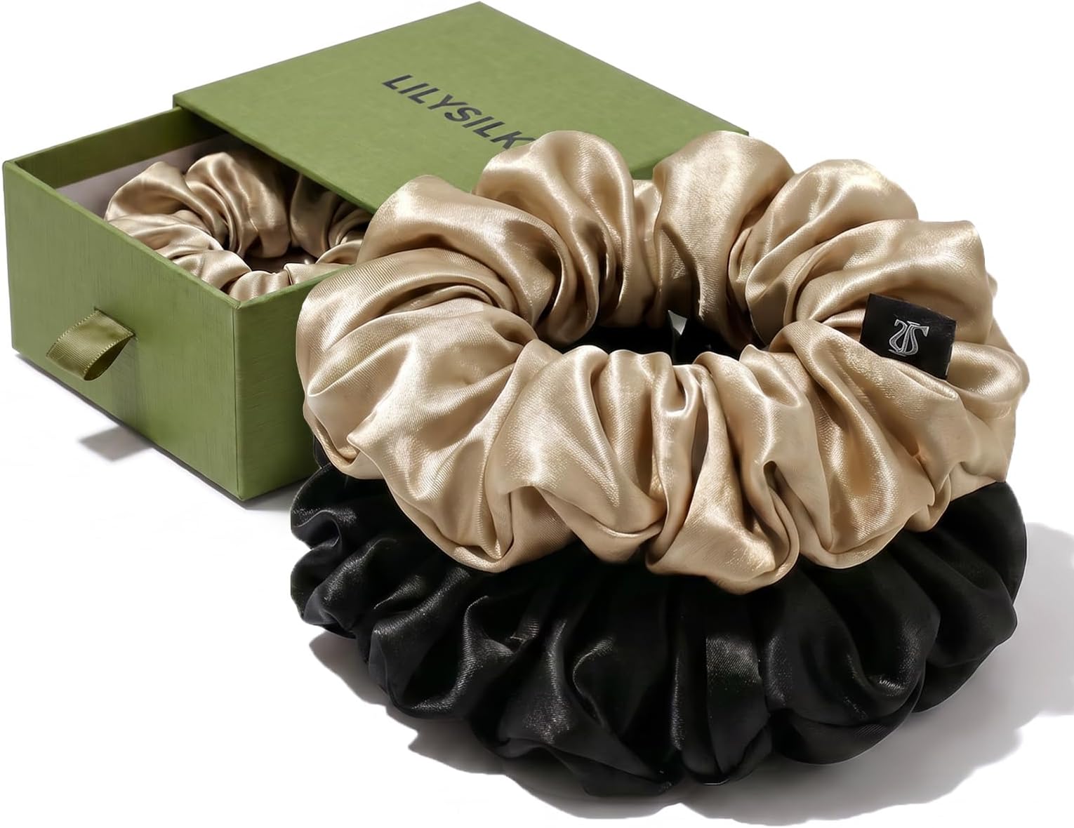 Women's 100% Silk Hair Scrunchies Ladies Elastic Hair Tie Bobbles Ponytail Holders for All Hair Type and Conditions and Preventing Hair Frizz Breakage Loss,Black+Taupe