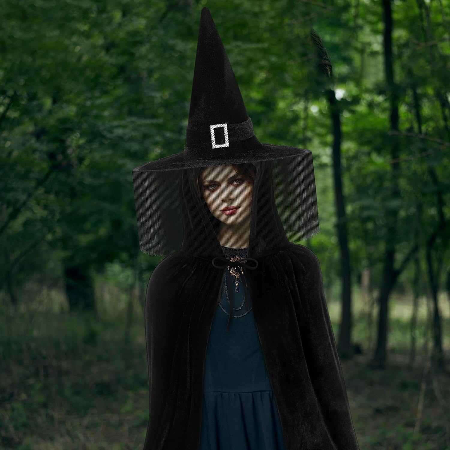 5 Pcs Halloween Witch Cosplay Costume for Women Wizard Cloak with Hat Nose Witch Hat Necklace Wand for Halloween Party Supplies - Image 4