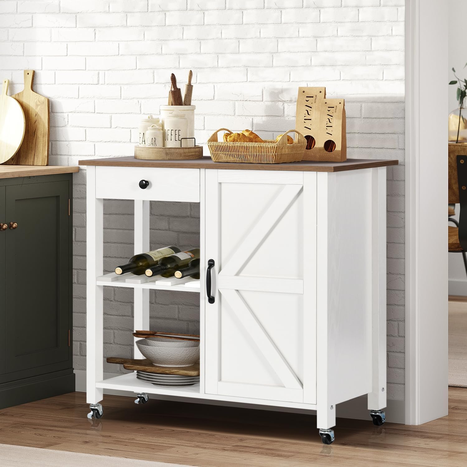 Rolling Kitchen Island with Storage, White Kitchen Island on Wheels Kitchen Cart with Storage Drawer and Adjustable Shelf, Wood Kitchen Island Table with Barn Door for Kitchen