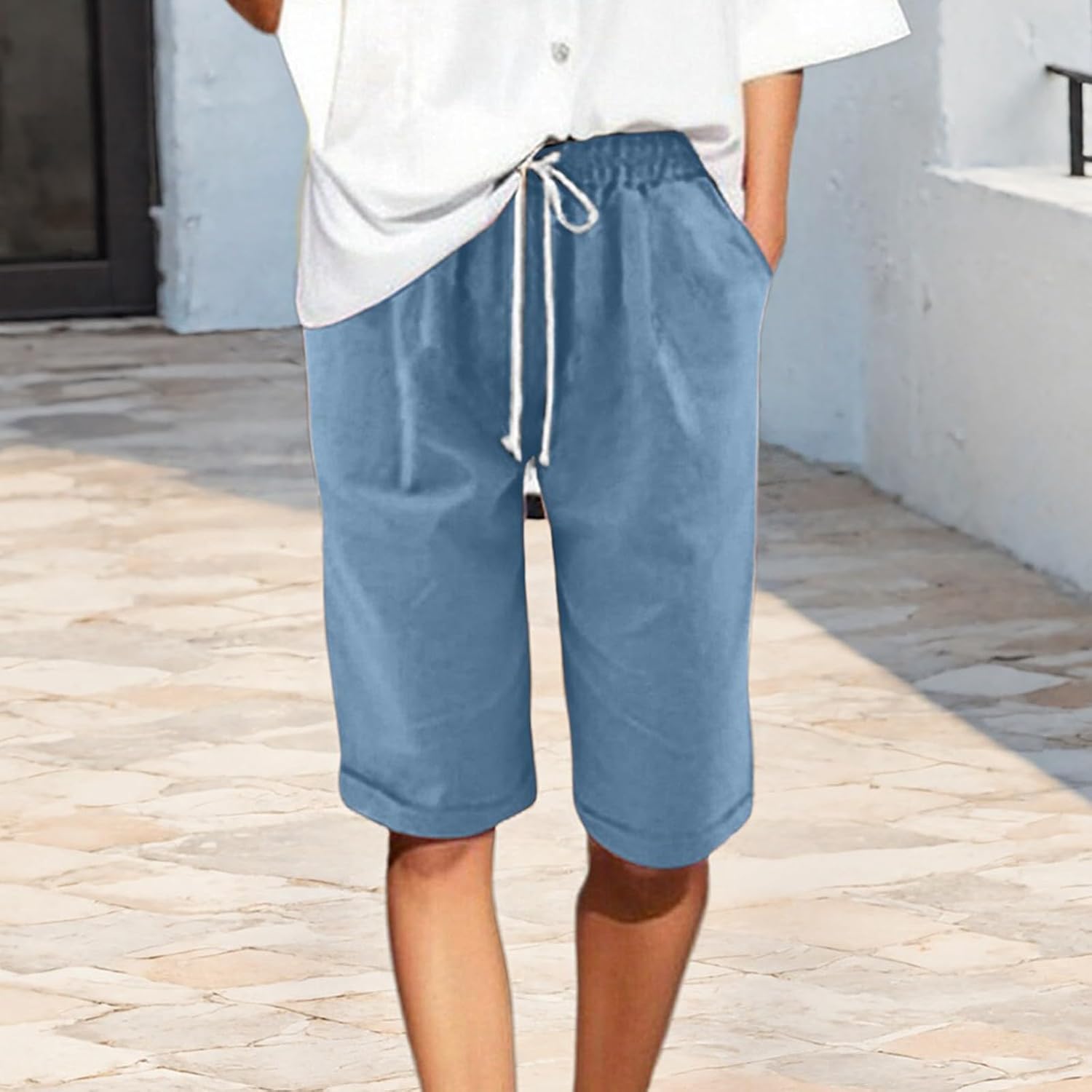 Bermuda Shorts for Women High Waisted Cotton Linen Shorts Casual Loose Drawstring Straight Leg Summer Beach Clothes