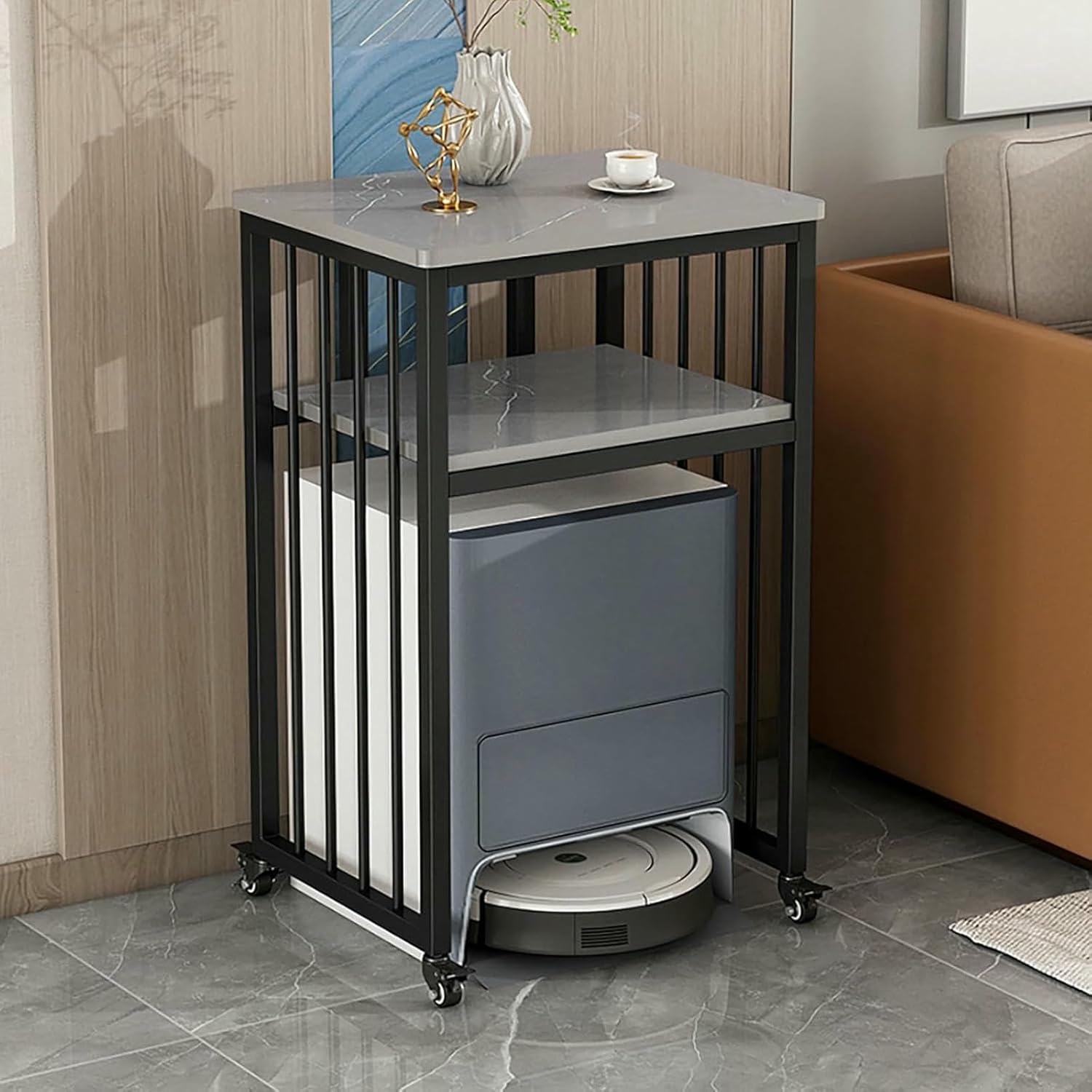 Robot Vacuum Stand Cabinet,Sweeping Robot Storage Rack with Wheels,Metal Nightstand,Mobile Storage Cabinet,End Side Table for Living Room Home Office