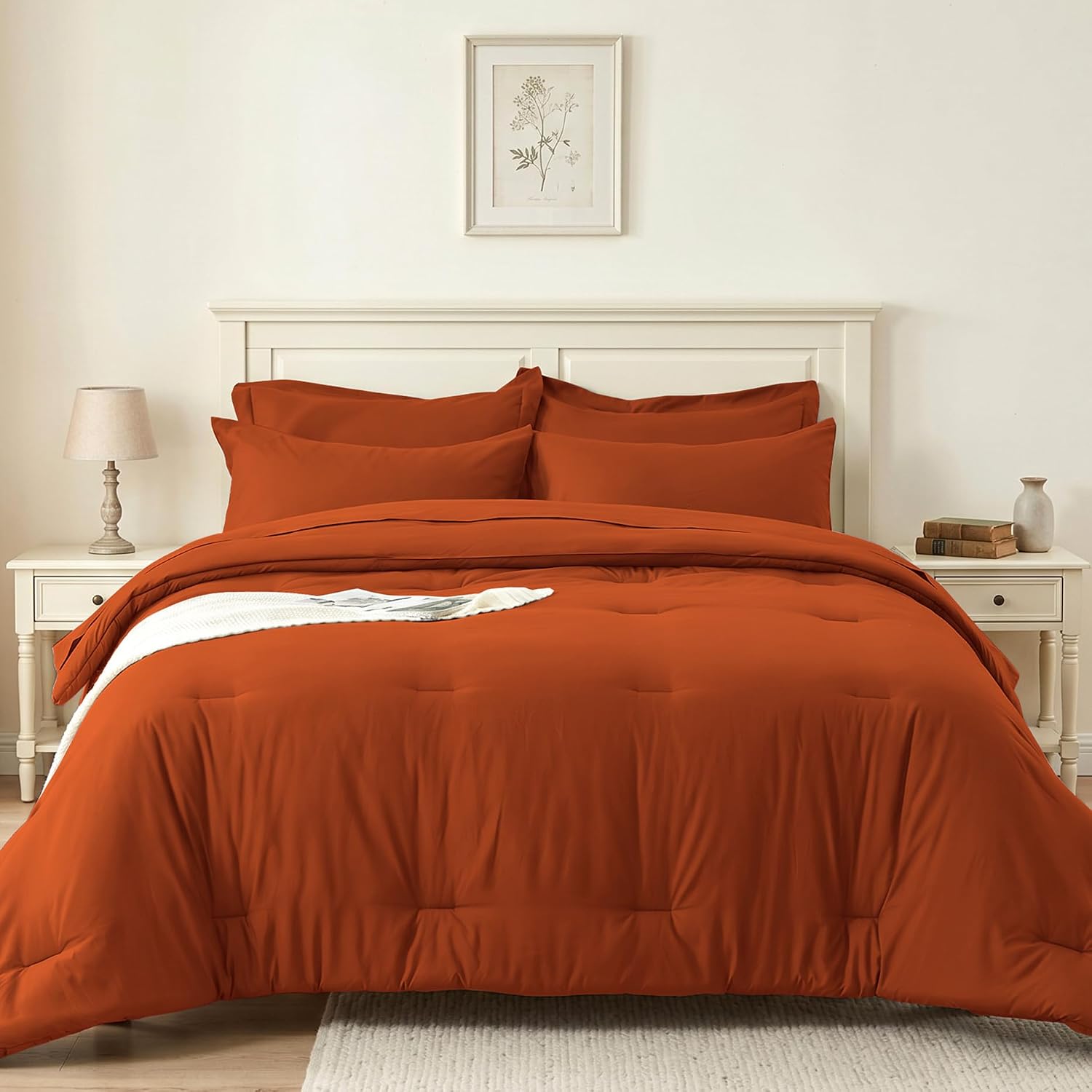 Condition photo showing As Is for queen comforter set 7 piece - soft bed in a bag queen size comforter sets, cozy luxury bedding sets with all season comforter, flat sheet, fitted sheet,2 pillowcases & 2 shams, orange burnt orange queen