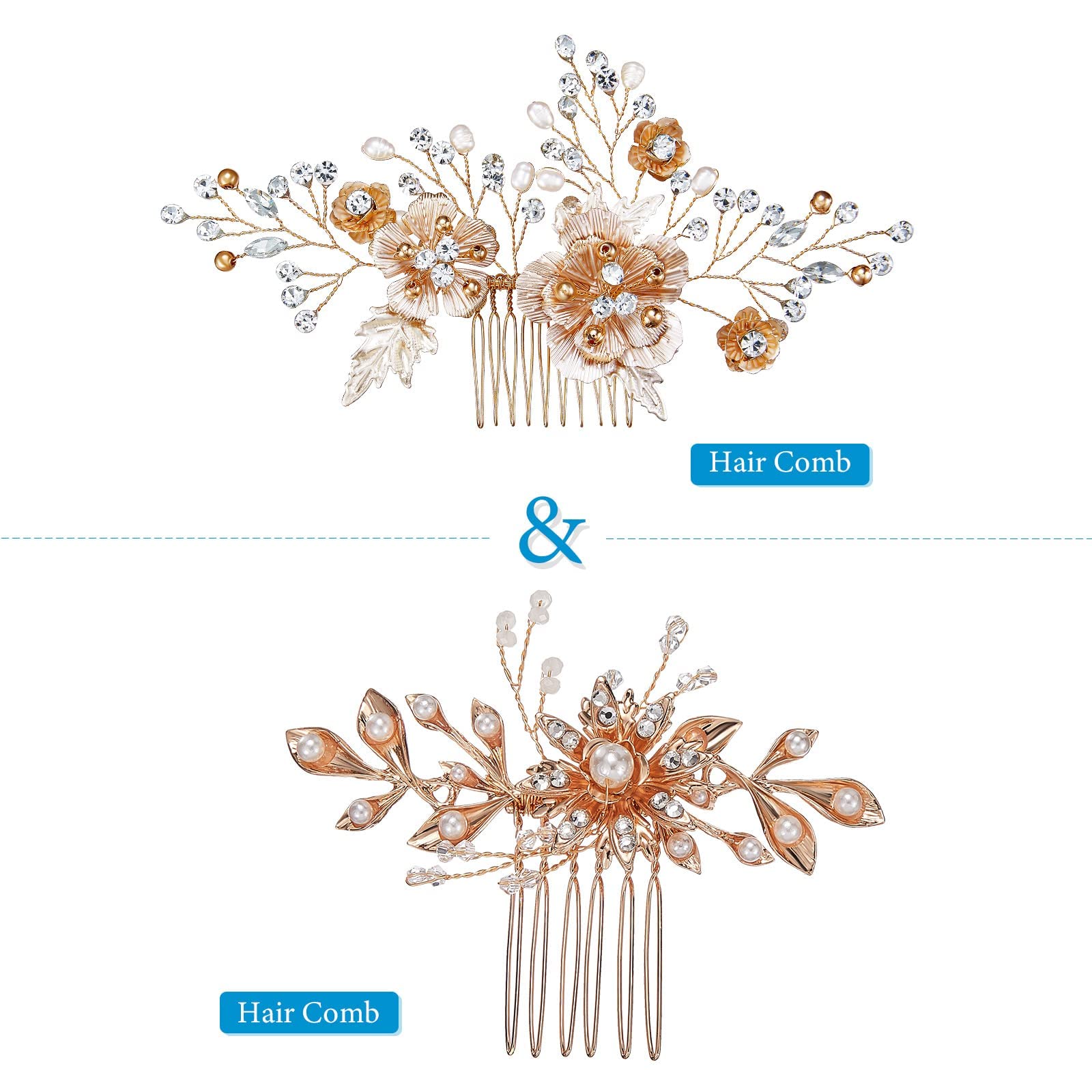 AW BRIDAL Gold Flower Hair Comb + Gold Hair Comb with Pearl
