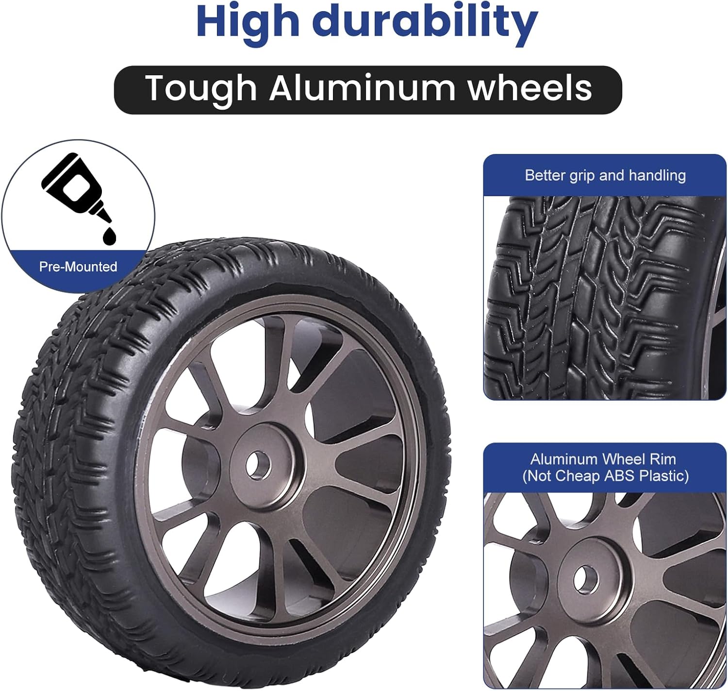 GoHooby 2.55in Rubber Tires&12mm Hex Wheel Rims Pre-Mounted Set, Compatible with Traxxas Tamiya 1/10 RC On-Road Touring Car (Color 1)