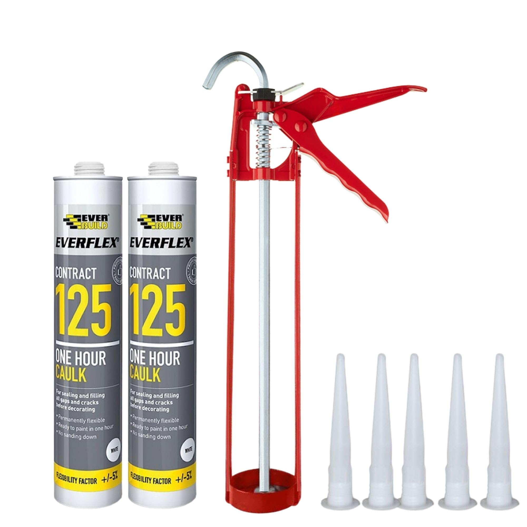 Fast Drying Decorators Caulk White Set - Bundle With 2x Everflex One Hour White Caulk Gap And Crack Cartridge, Silicone Gun And 5 Spare Silicone Nozzles