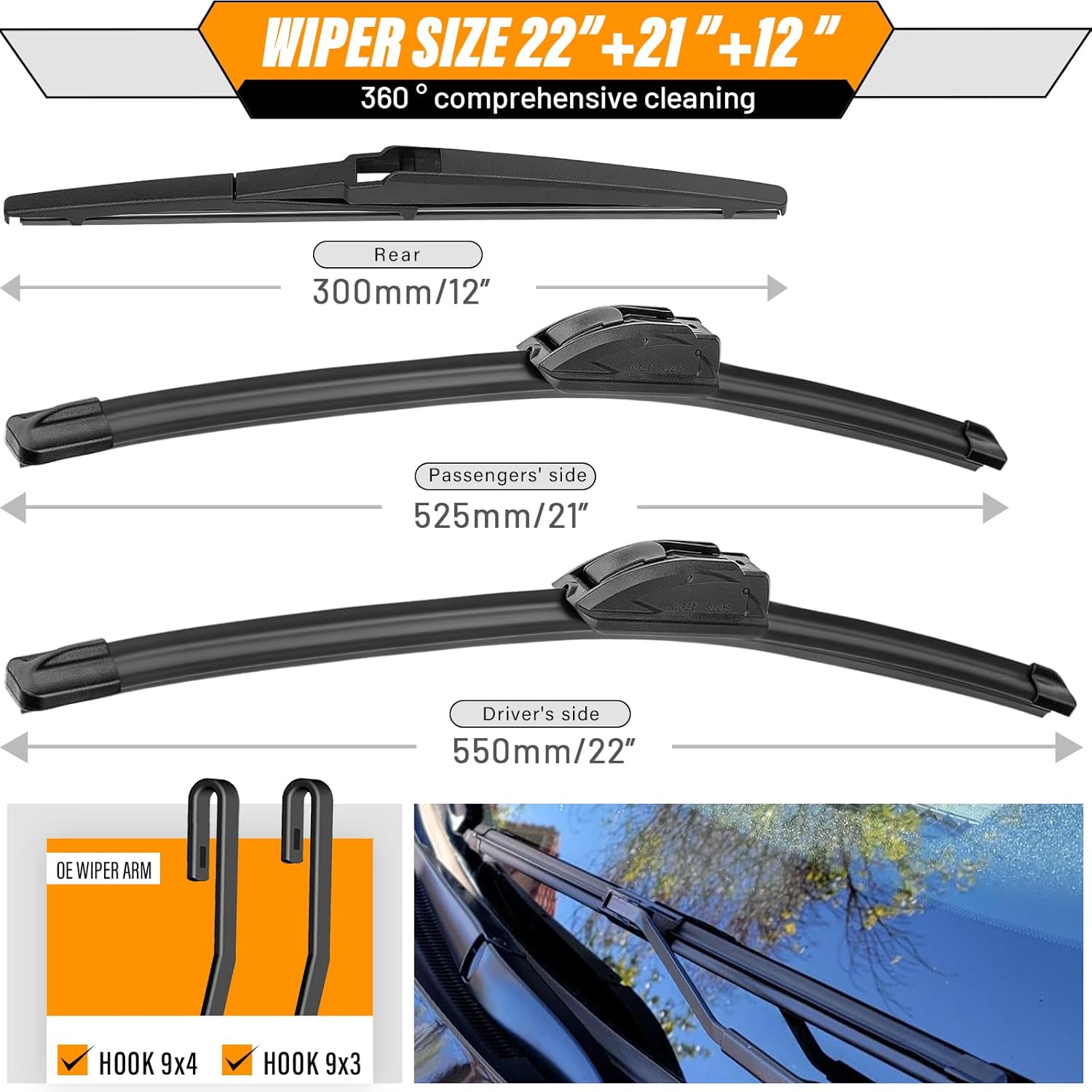 AUTOBOO 22"+21" Windshield Wipers with 12" Rear Wiper Blade Replacement for Dodge Durango 2011 2012 2013 2014 2015 2016 2017 2018 2019-2024, Jeep Grand Cherokee-Original Factory Quality (Pack of 3)