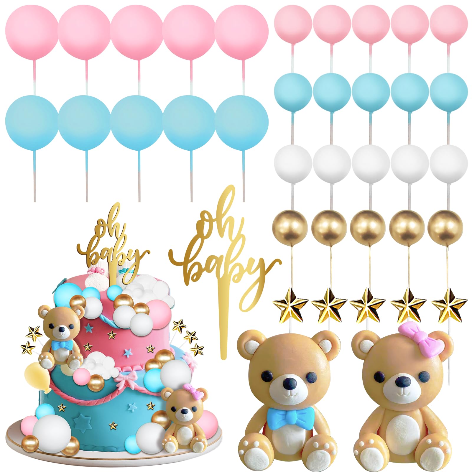 38 Pieces Bear Cake Topper Decorations Set- Oh Baby Cake Topper，Stars，Pearl Balls Cake Decoration for Gender Reveal party Baby Shower Supplies, He or