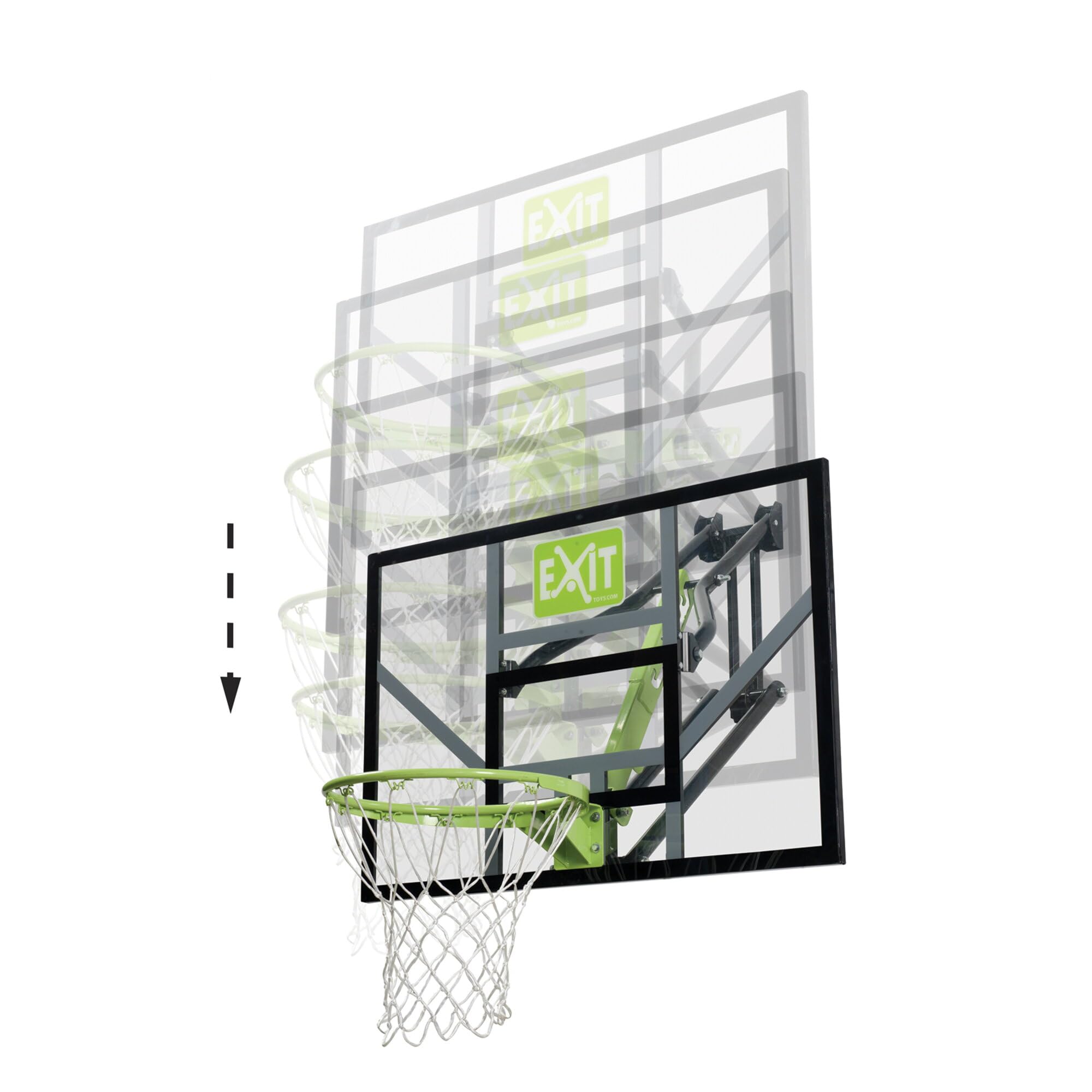 EXIT Toys Galaxy Tabellone da Basket per Montaggio a Muro - Cerchio da Basket, Rete e Materiale di Fissaggio - Tabellone Regolabile in 5 Altezze - Per Bambini e Adulti - Telaio Robusto - Verde/Nero