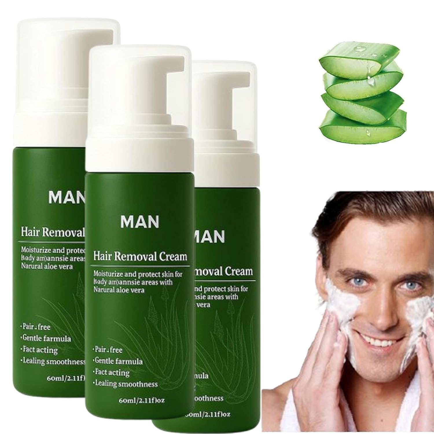Krem do depilacji Botane Man, naturalny aloes, szybka i delikatna pianka do depilacji, nawilżająca, odżywcza, nieklejąca, do głowy, twarzy i ciała,3PCS