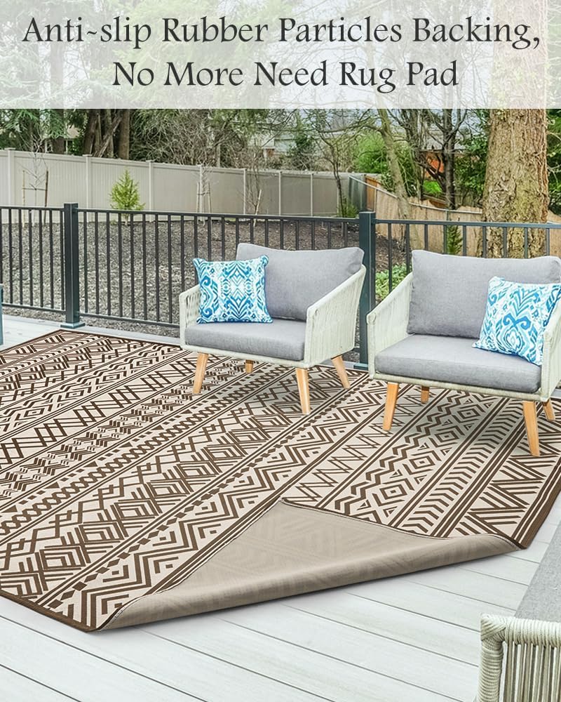 Outdoor Rug Carpet 6x9 ft, Flatweave Textured Outdoor Patio Rug Non Slip Indoor Outdoor Rugs with Rubber Particles Backing Boho Outdoor Area Rug for Patio Deck Front Porch Backyard Balcony, Brown