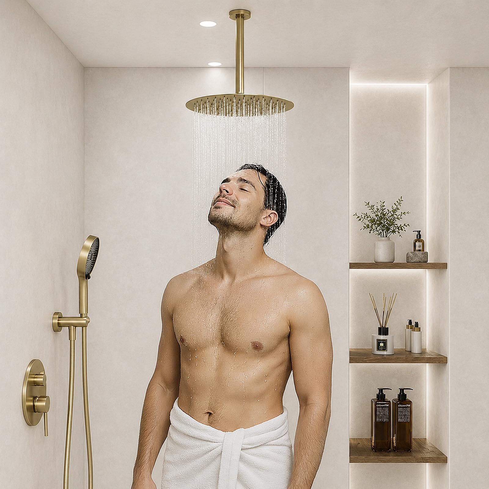 Unterputz Duscharmatur Set, Duschsystem Gold mit 40 cm Regendusche, Messing