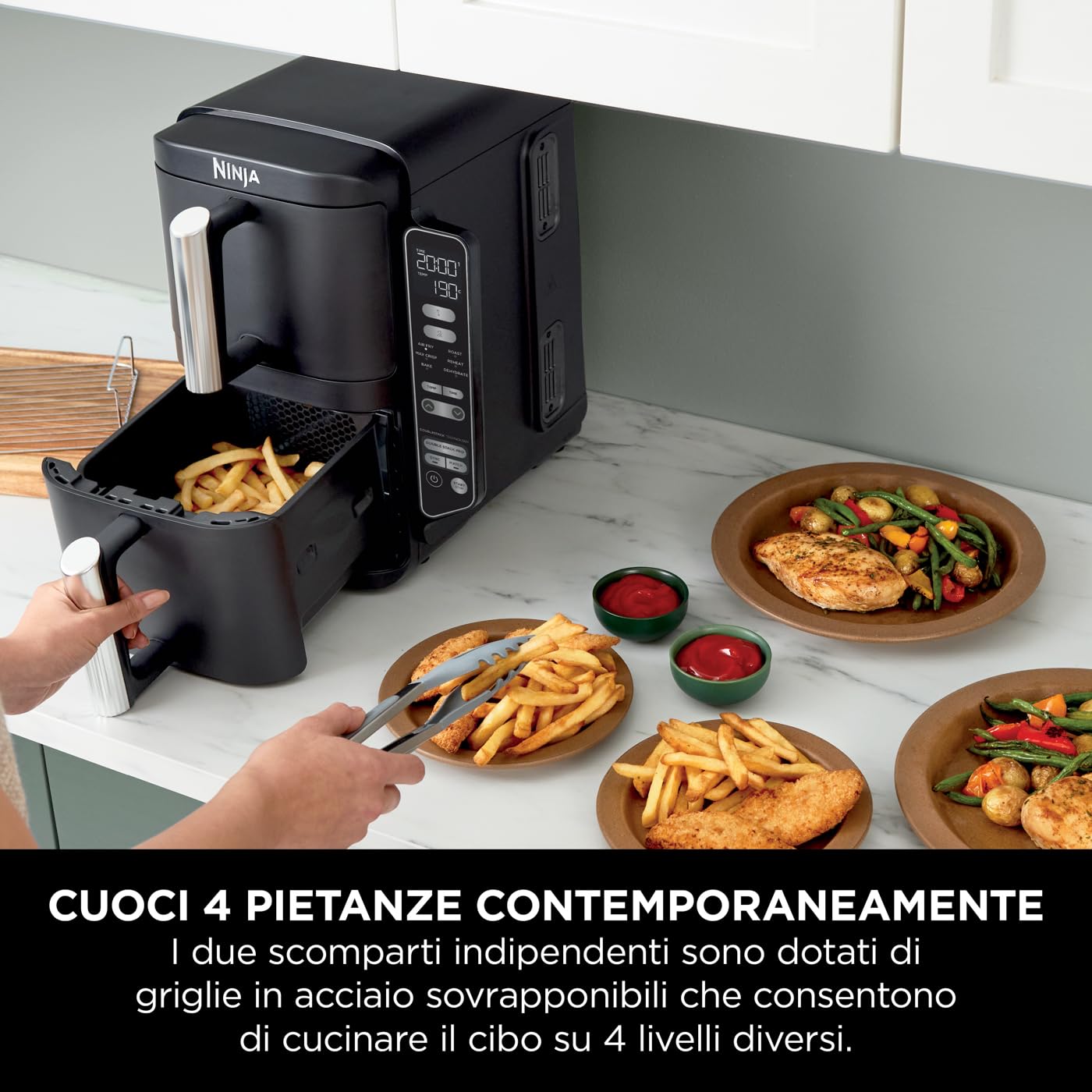 Ninja Double Stack Friggitrice ad Aria Verticale a 2 Scomparti, con 2 Griglie, 4 Livelli di Cottura, Design salva-spazio, Capacità di 7,6L, 6 Funzioni di cottura, 6 Porzioni, Nero SL300EU