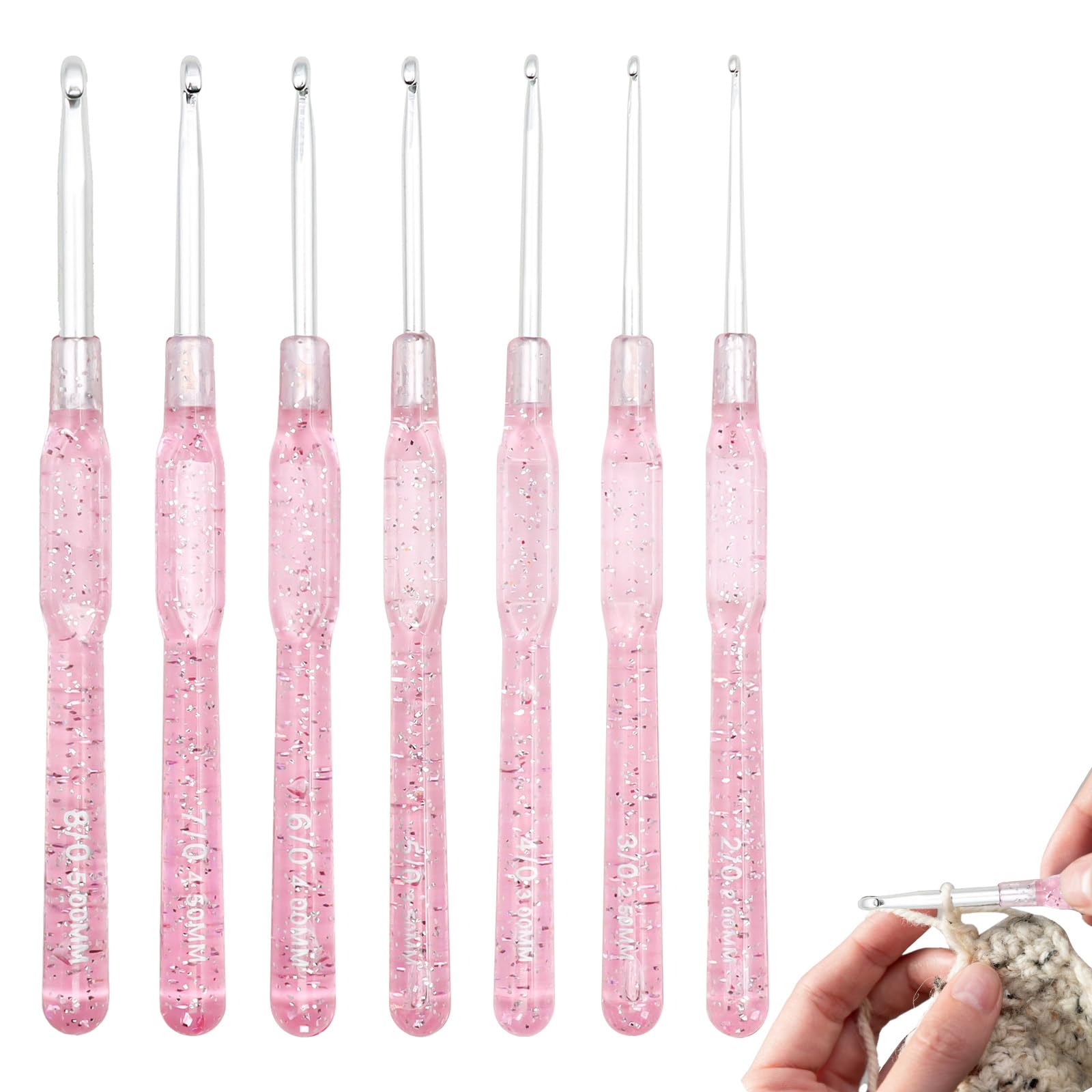 7 Pcs Crochet Hooks Set, 2 2.5 3 3.5 4 4.5 5 mm Crochet Hook Aluminum Crochet Kit for Beginners Adults or Professionals, Ergonomic Crochet Hooks for Crocheting Blankets Shawls Dolls Scarves (Pink)
