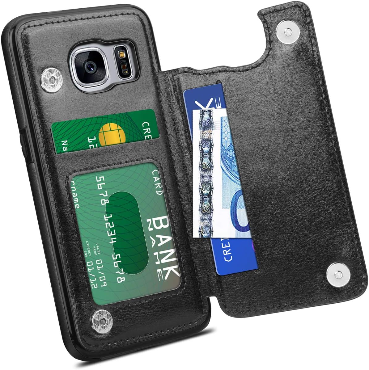 HianDier Wallet Case for Galaxy S7, Slim Protective Case with Credit Card Slot Holder Flip Folio Soft PU Leather Magnetic Closure Cover Case Compatible with Samsung Galaxy S7, Black