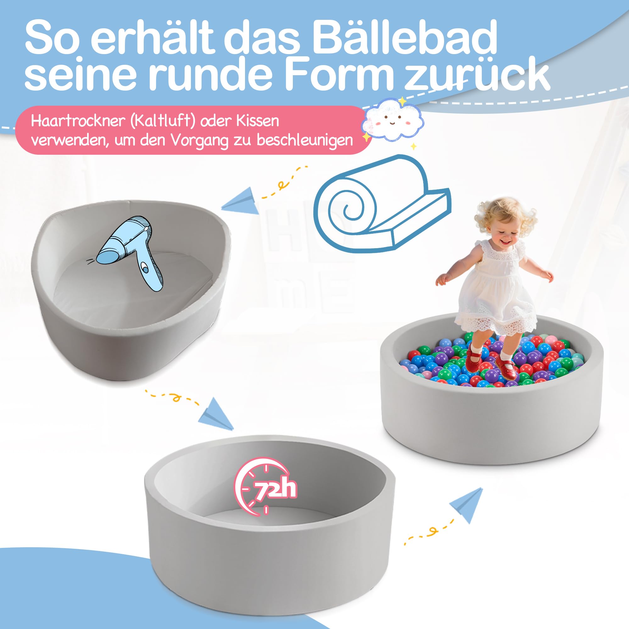Bällebad für Baby ab 1 Jahr ohne Bälle, 90x30 cm Bällepool Ballgruben Spielzeug für Kleinkinder, Grau