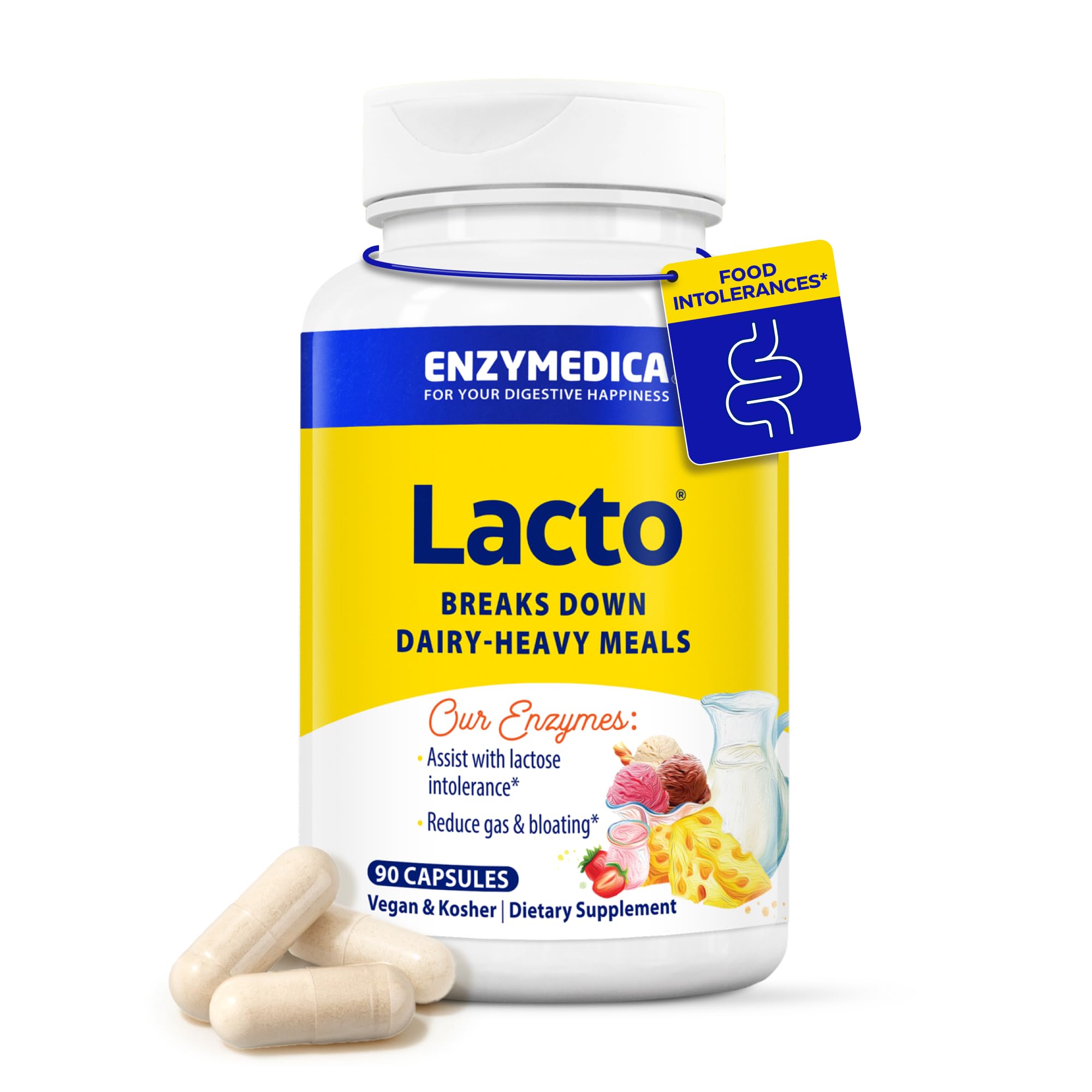 Enzymedica Lacto, Maximum Strength Formula for Dairy Intolerance, With Enzymes Lactase and Protease, Relieves Digestive Discomfort, 90 capsules (90 servings)