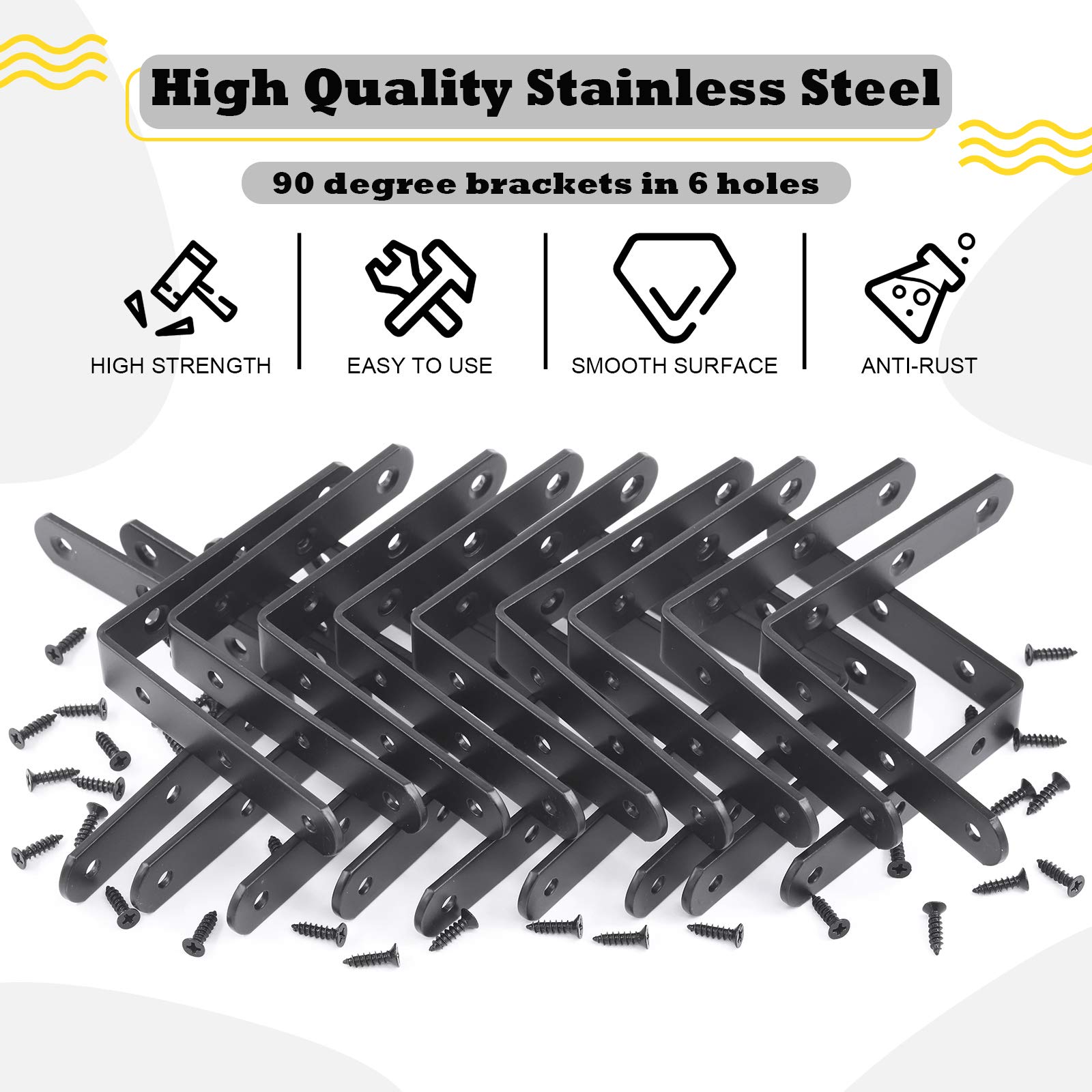 Hilitchi Stainless Steel Black L Bracket Corner Brace 90 Degree Right Angle Brackets Sets with Screws Corner Fastener for Shelves Steel Joints Support (100mm - Image 3