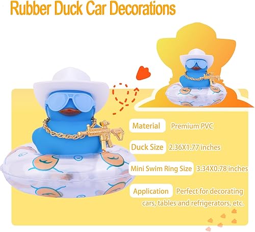 Miniatura 5 de Adorno de pato de goma para automóvil, decoración de tablero de automóvil con mini sombrero, collar, gafas de sol y accesorio genial para tablero de
