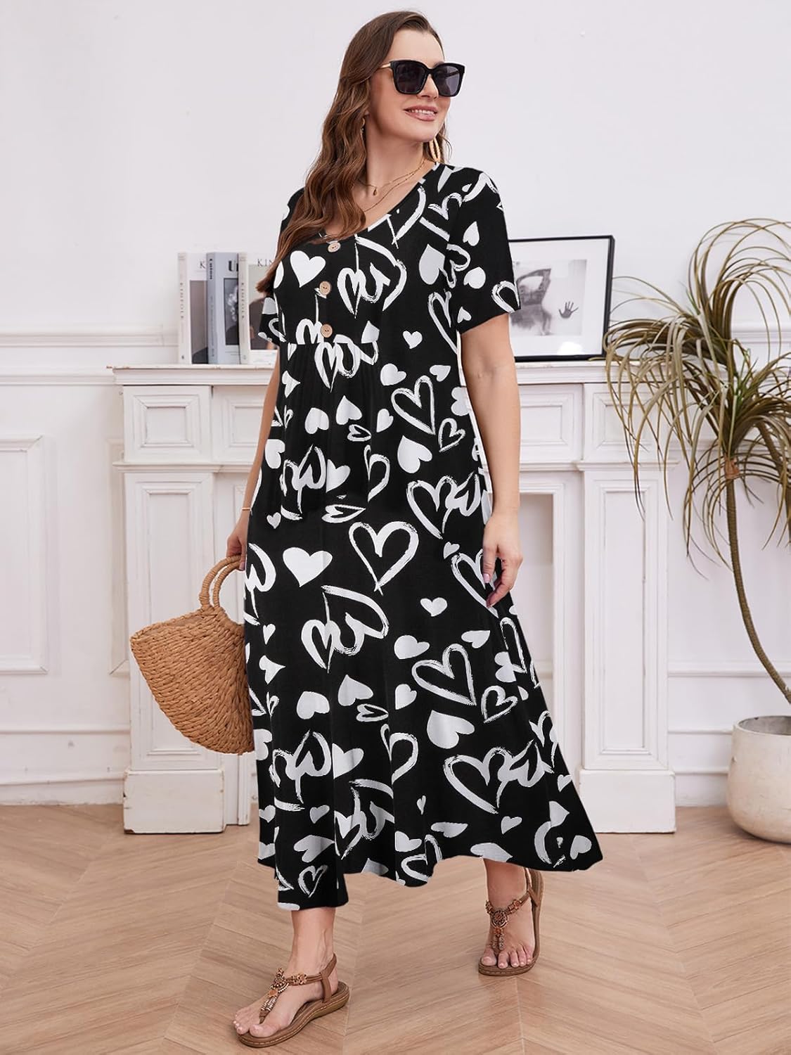 LARACE Womens Plus Size Short Sleeve Dresses Casual V Neck Button Up Pleated Flowy Long Maxi Dress with Pockets L-6XL - Image 6