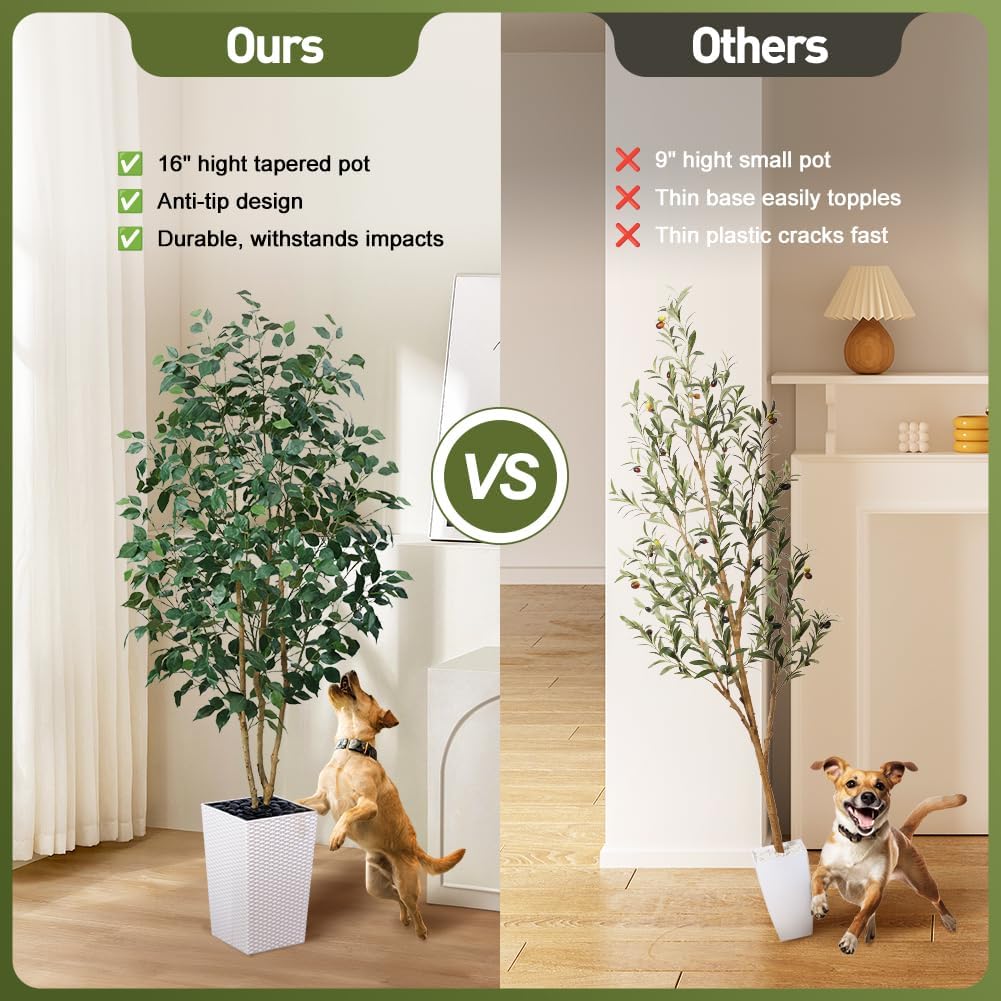 6ft Artificial Ficus Tree-Tall Faux Tree with Pebbles & Planter UV Resistant Potted Fake Plant with Silk Leaves & Real Wood Trunk-Indoor Outdoor Floor Plant for Home,Living Room,VN129 - Image 6