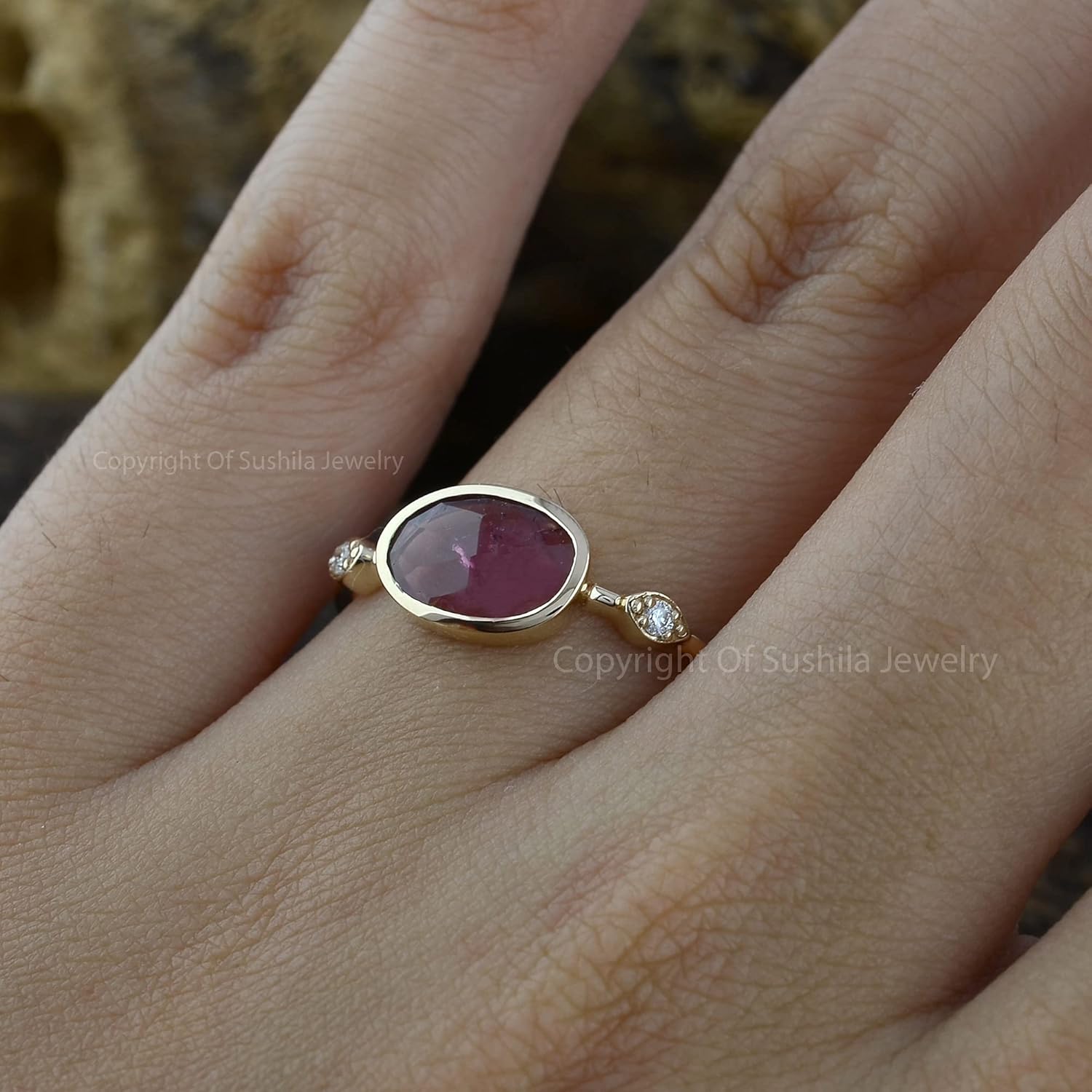 Genuine Pink Tourmaline Ring Solid 14K Rose Gold Oval Cut Pink Tourmaline Gemstone Diamond Engagement Rings For Women