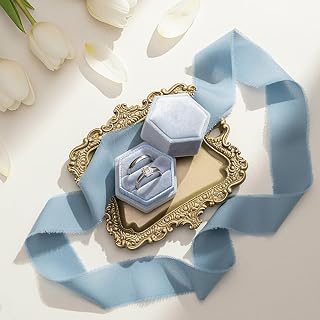 Acellegic 3 Pcs Vintage Jewelry Tray with Ring Box Silk Ribbon Wedding Trinket Dish Flat Lay Props for Wedding Photographer Ceremony Antique Decor(Blue)