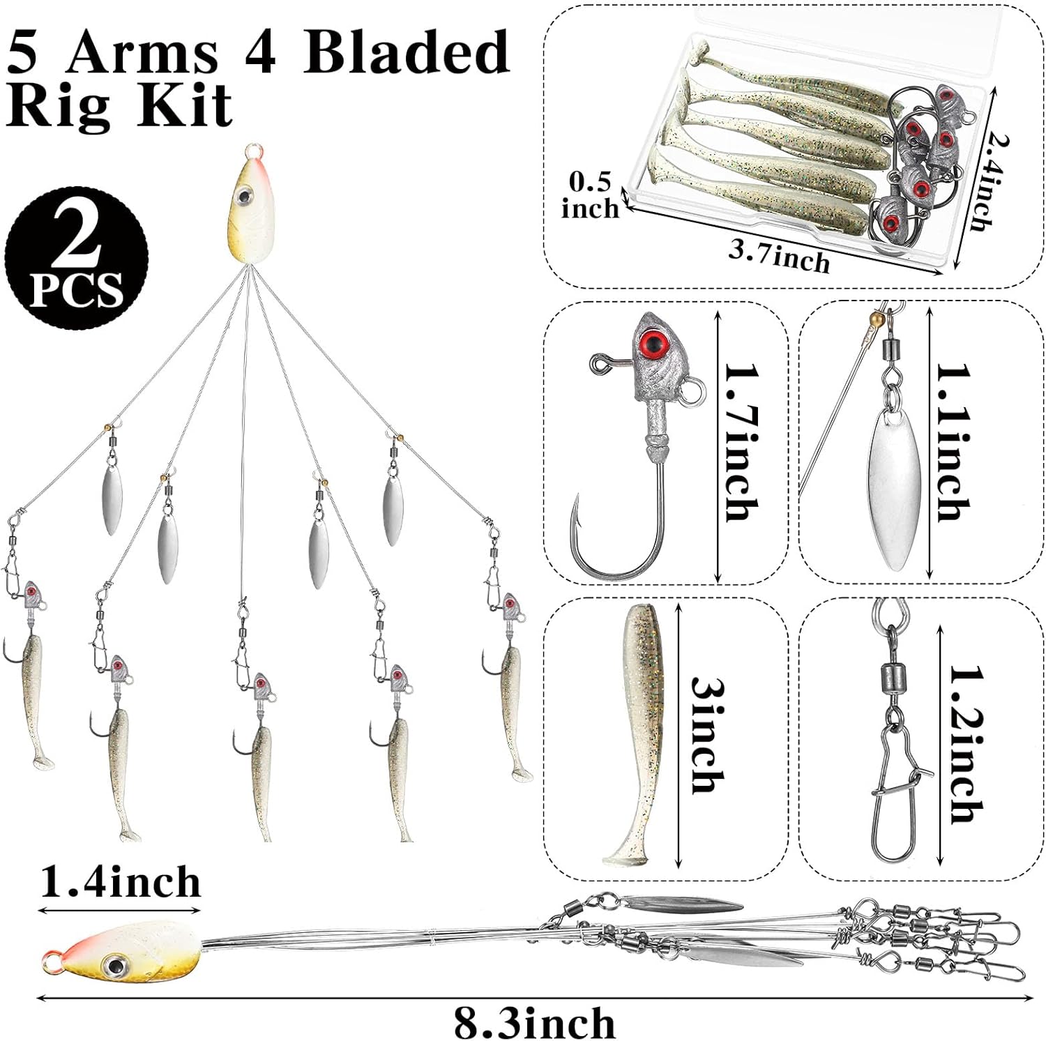 Lunmon 2 Pcs Umbrella Rig Fishing Lure Bass Bait Kit 5 Arms Baits Multi Lure Rigs for Trout Perch Walleye Freshwater Saltwater Boat Trolling