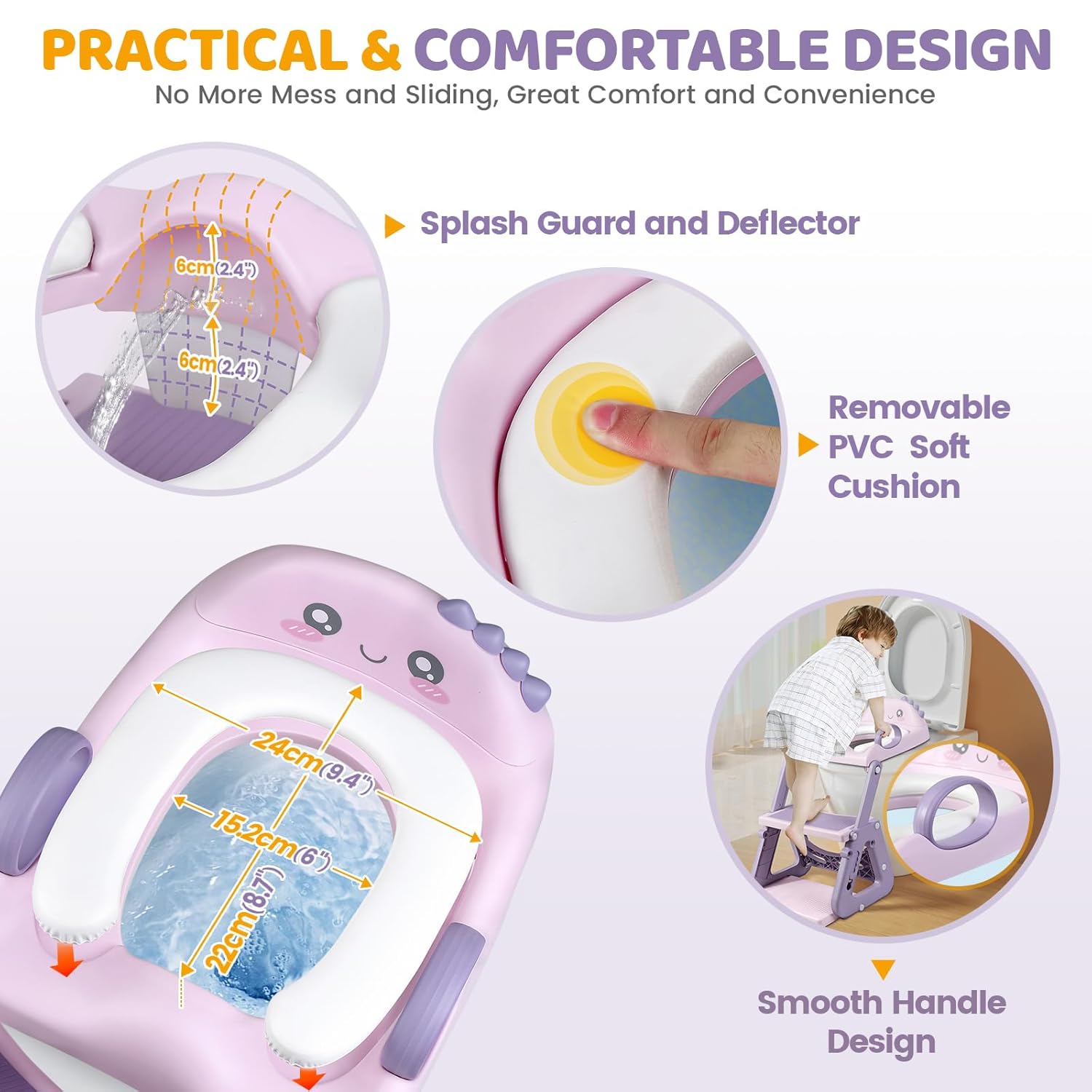 Potty Training Seat with Step Stool, 2-IN-1 Toddler Potty Training Toilet for Kid Boys Girls, Adjustable Toilet Seat for Toilet with ladder, Splash Guard, Anti-Slip Pad and Safety Handle, Pink - Image 4