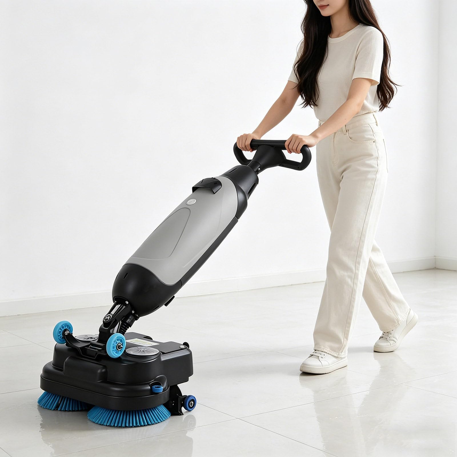Lavasciuga Pavimenti Professionale, Macchina Lucidatrice-lavapavimenti a Spinta da 43 cm con Doppie Spazzole, Pulitrice per Pavimenti con Batteria al Litio Ricaricabile Senza Fili Gray