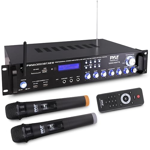 Pyle Bluetooth Home Audio Power Amplifier -4 Ch. 3000W, Stereo Receiver w/Speaker Selector, FM Radio, USB, Headphone, 2 Wireless Mics for Karaoke, Great for Home Entertainment System - PWMA3003BT.NEW