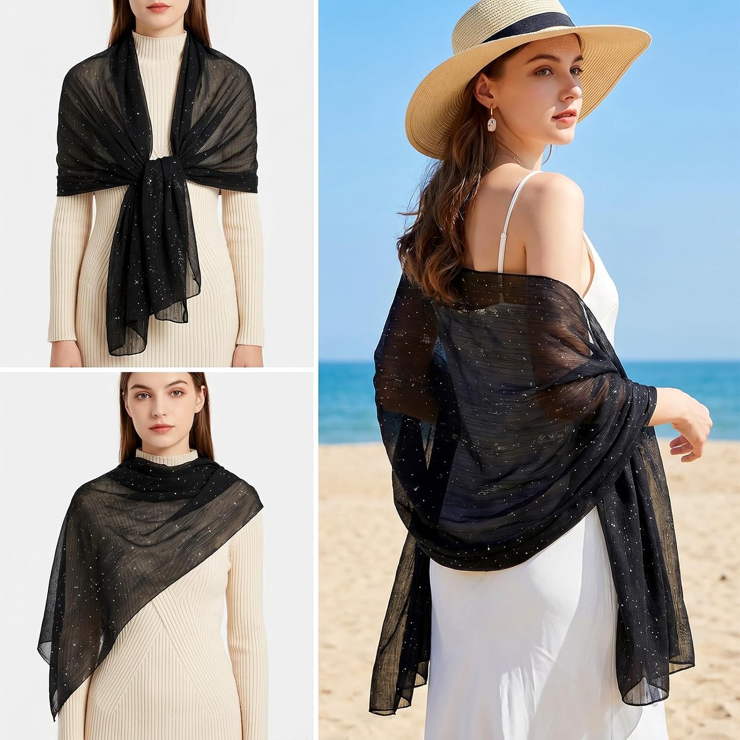Sucrain Women Sequin Shawl Wraps Sheer Chiffon Shawl Sparkly Rhinestones Soft Scarf for Evening Dresses Banquets Wedding