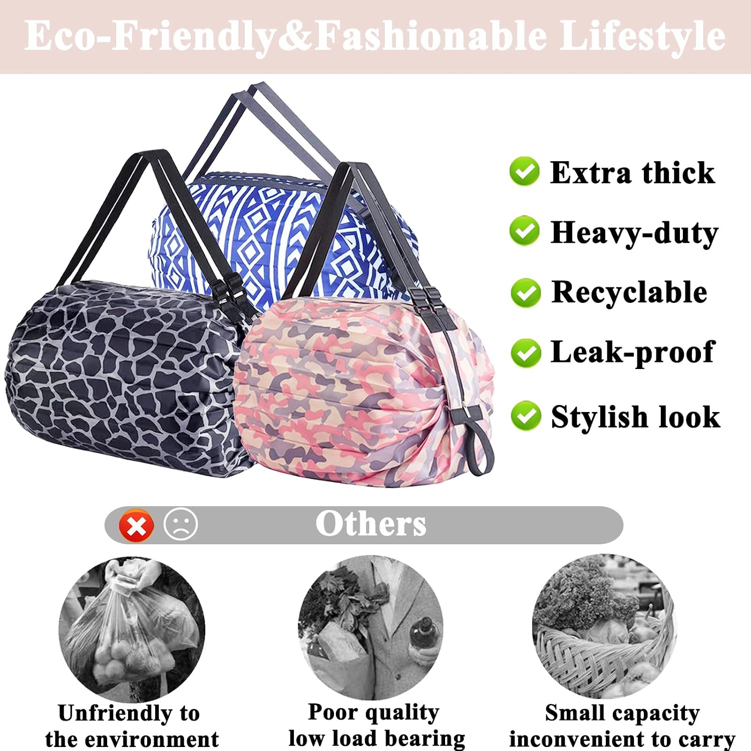 Dos & Nueve, 2 Pack Portable Folding Duffel Bag, Large Capacity Multipurpose Storage Bag for Shopping，Sports and Traveling (Black & Blue)