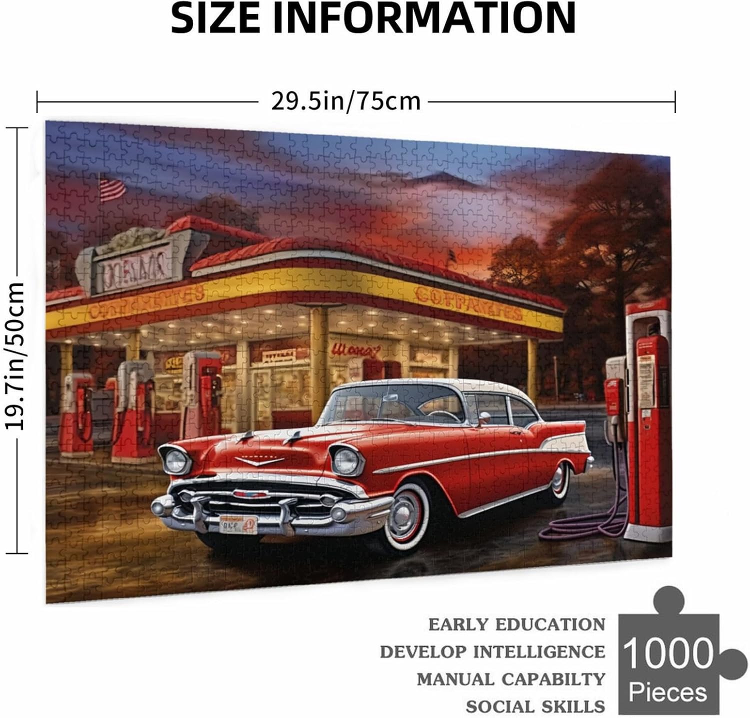 Puzzles for Adults 1000 Pieces Jigsaw Puzzles Old Fashioned Gas Station Car Formation Wooden DIY Families Toys Gift for Home 29.5 x 19.6 in