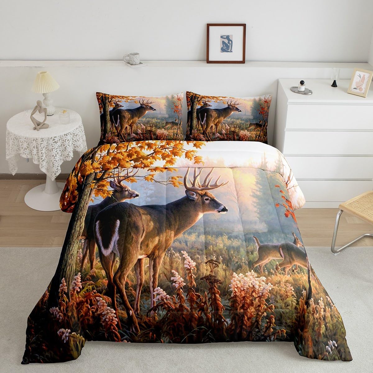 Cute Deer Comforter Set Kids Deer Hunting Comforter for Boys Teens Antlers Bedding Set Breathable Western Farmhouse Red Orange Duvet Set Room Decor Quilt Set Twin Size with 1 Pillow Case
