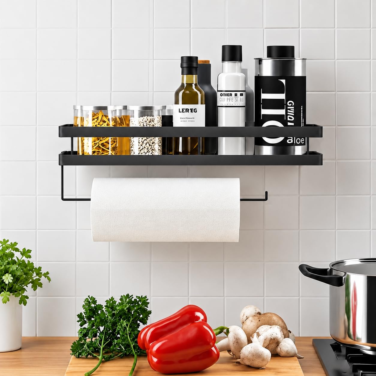 Portaspezie da Parete Senza Forare con Porta Rotolo da Cucina, Mensola Cucina in Acciaio al Carbonio Nero, Organizer per Spezie con 4 Ganci per Utensili e Strofinacci