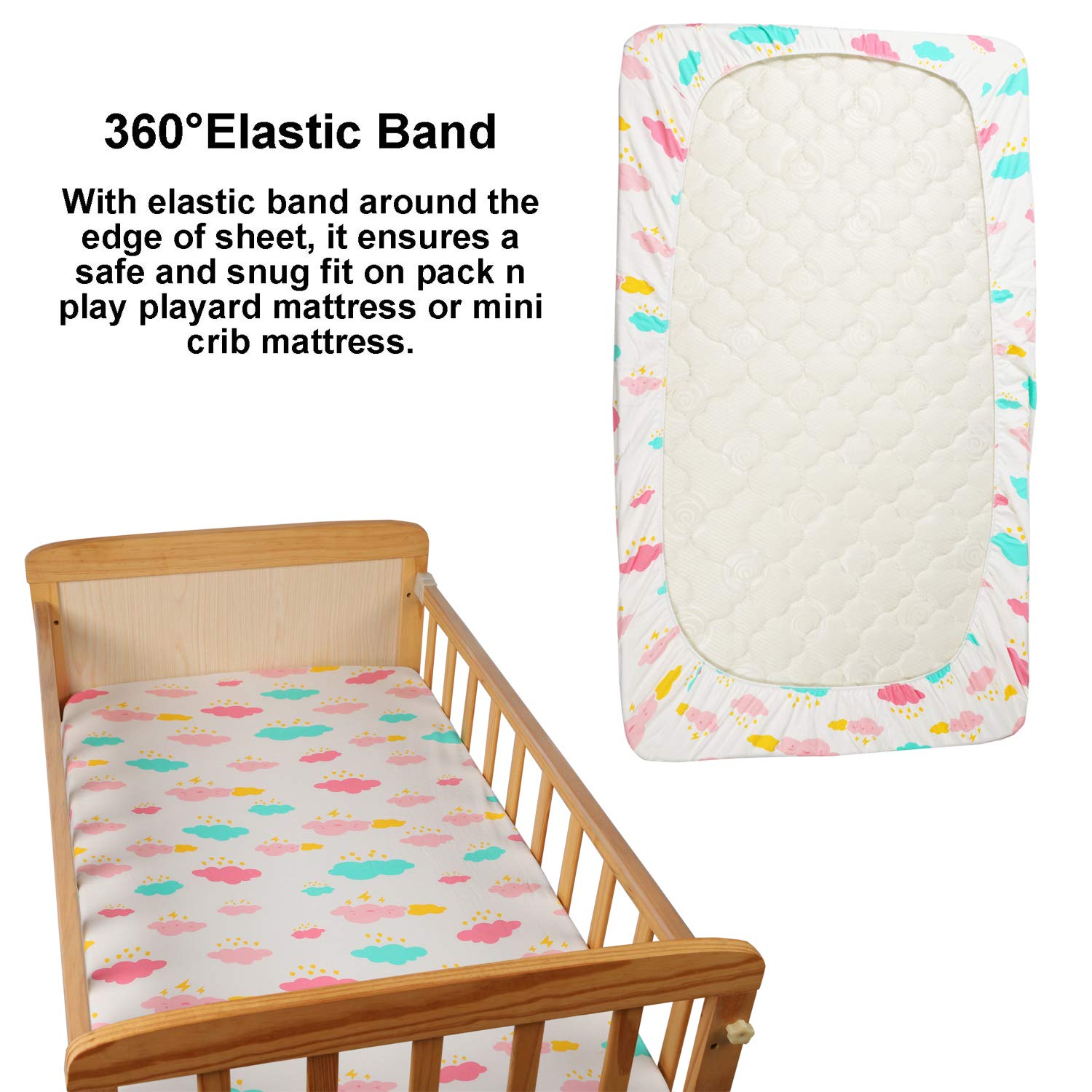 Pack n Play Sheet Fitted for Baby Girl, 3 Pack Premium Jersey Cotton 195 GSM Playard Mattress Cover Portable Mini Crib Sheets, White with Rainbows Colorful Clouds Bird and Bee Pattern : Baby