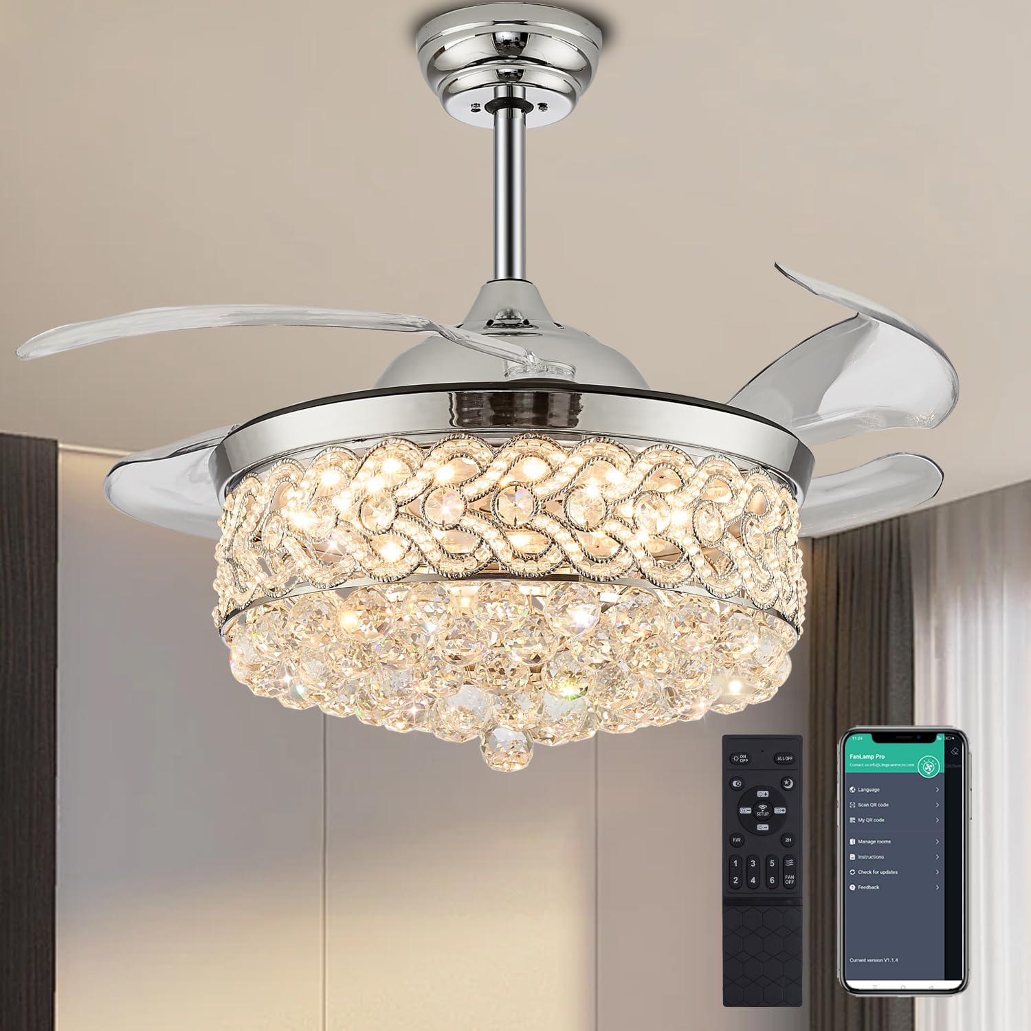 DuMaiWay 48" Dimmable Fandelier Crystal Ceiling Fans with Lights,Invisible Retractable Blades Chandelier Fan Silent Motor Ceiling Fans for Bedroom Living Dining Silver Polished