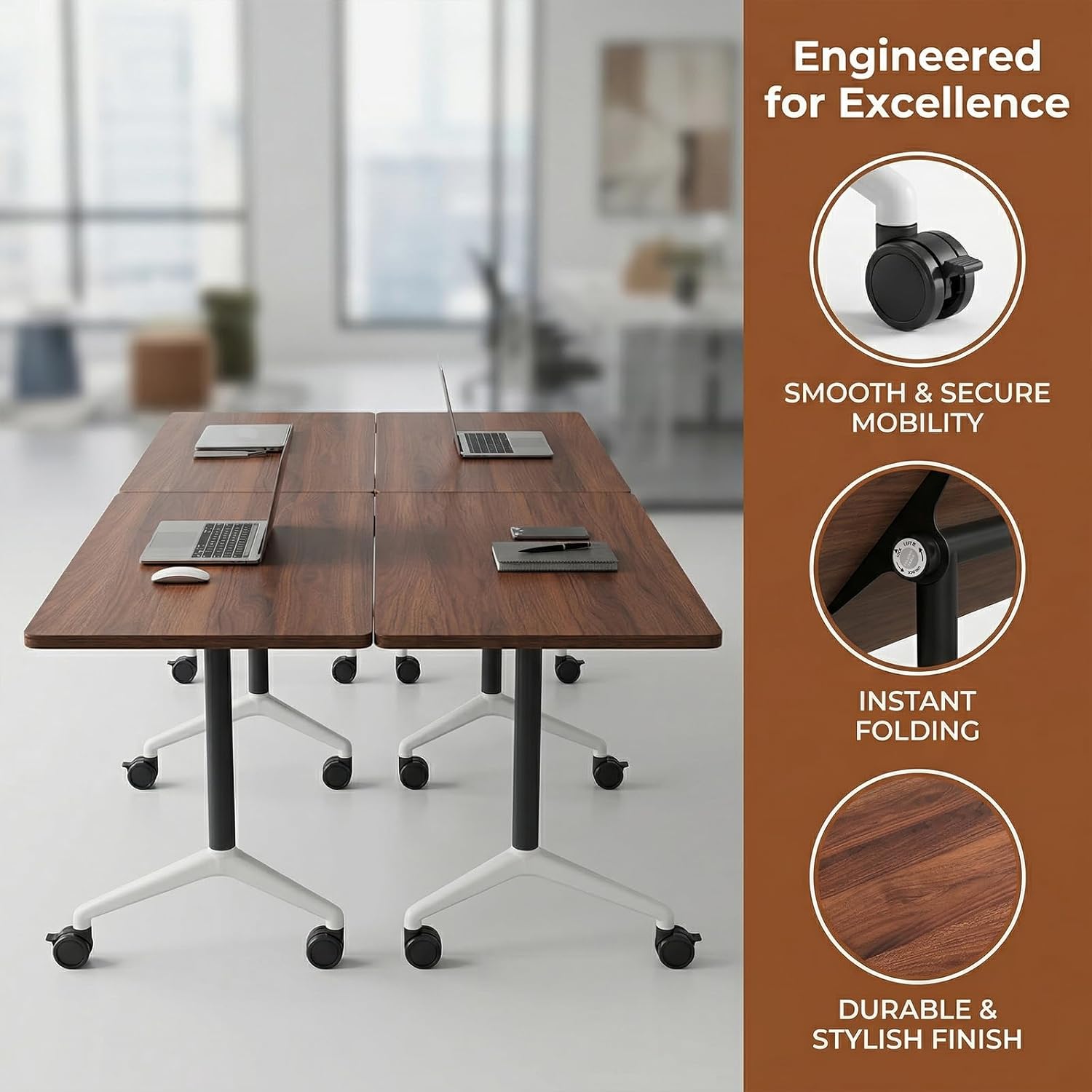 Conference Tables with Wheels,Folding Conference Room Table,Rolling Modular Conference Room Table,Wooden Training Meeting Desk for Office School Classroom University Library (8, Walnut, 61.0IN)