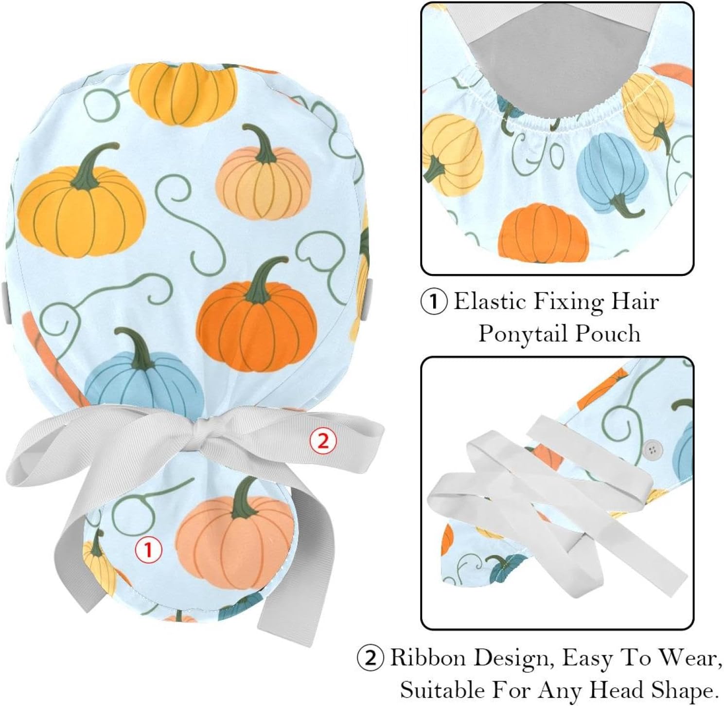 2 Packs Women's Working Cap with Buttons, Thanksgiving Pumpkin Scrub Cap for Women Medical, Adjustable Elastic Bandage Tie Back Hats, Long Hair