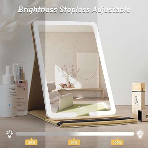 Miniatura 3 de Espejo de maquillaje de viaje con luces, espejo cosmético con luz LED con funda de piel sintética, batería recargable de 1500 mAh, 3 modos de luz de