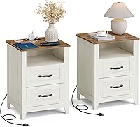 Vista 15 de VASAGLE Colección LIRY - Mesita de noche de granja con estación de carga, mesa de cabecera, mesa auxiliar con cajón, compartimento abierto