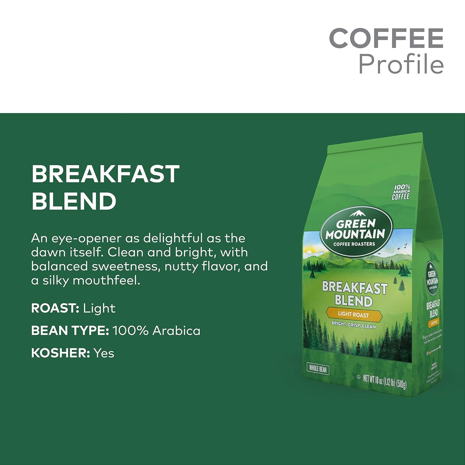 Green Mountain Coffee Roasters Breakfast Blend, Whole Bean Coffee, Bagged 18 oz (Pack of 2)