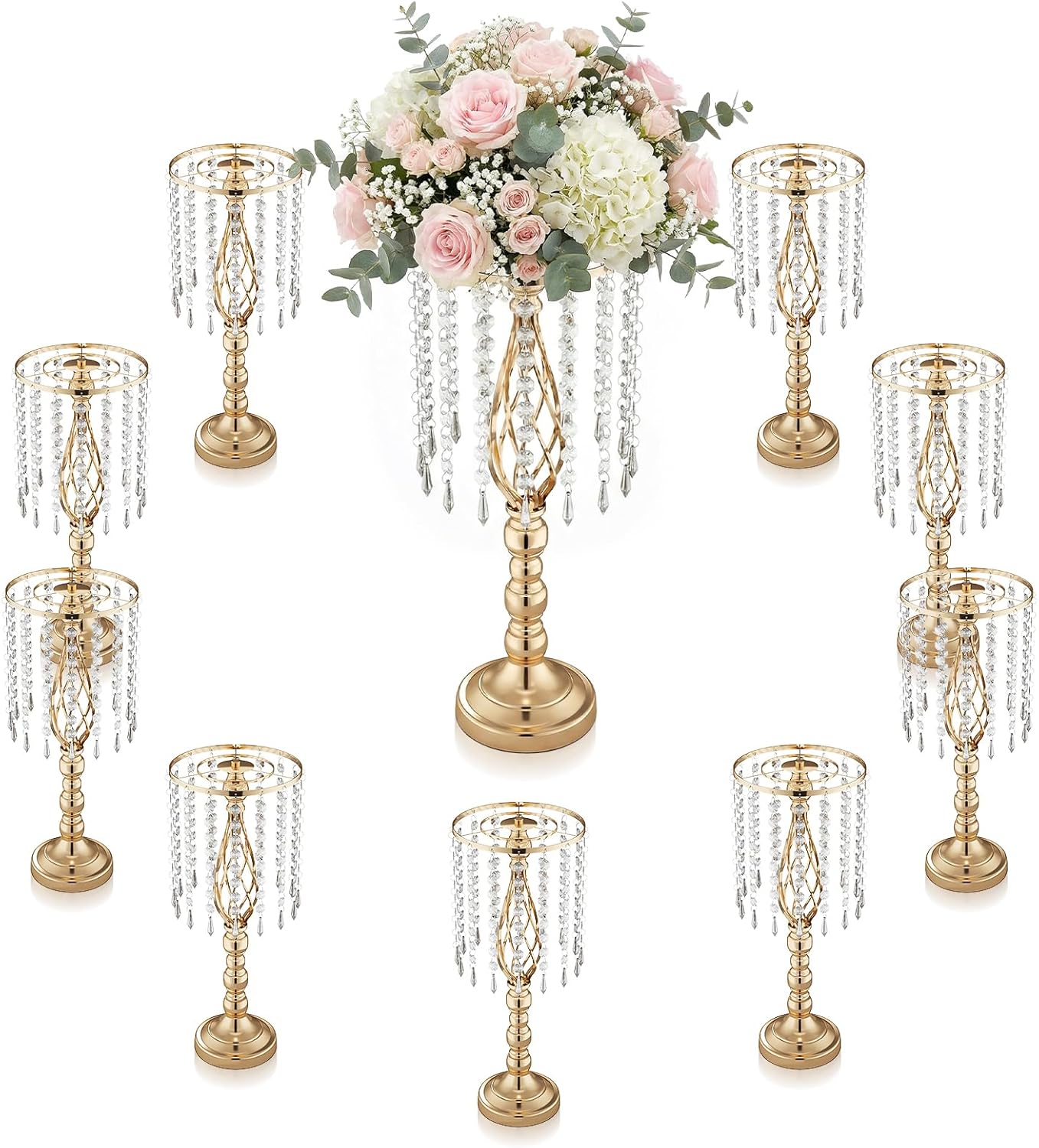10 Pcs 21.5” Tall Gold Centerpieces for Table, Open Lattice Midsection Trumpet Base Vase Stands with Hanging Crystals, Metal Flower Holders for Wedding Receptions,Parties & Event Decor