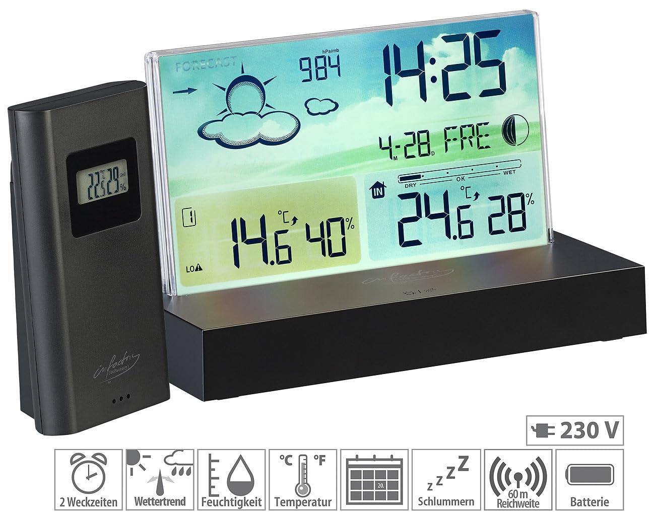 infactory Cyfrowy Zegar Ścienny z Radiową Stacją Pogodową, Bezramkowym Wyświetlaczem LCD i Czujnikiem Zewnętrznym (Miernik, Kolor)