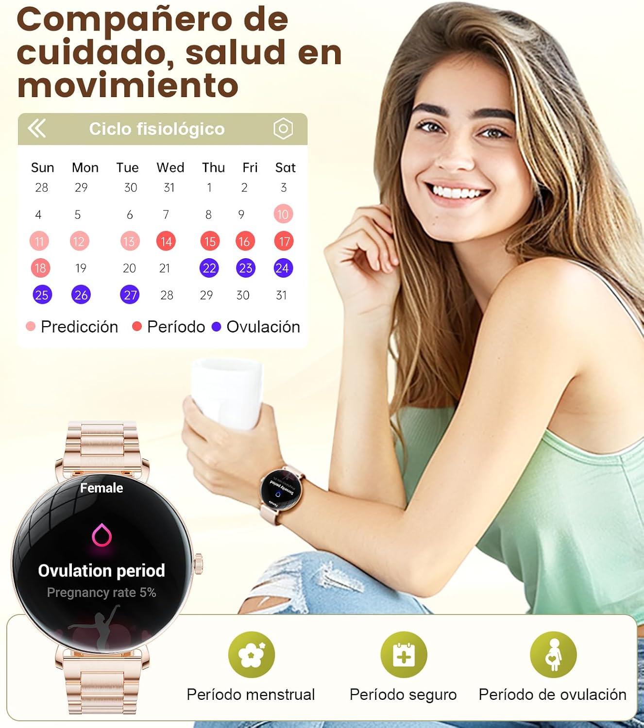 Reloj Inteligente Mujer, 1.43″ AMOLED Smartwatch Mujer con Llamadas Bluetooth, Salud Femenina, Monitoreo Menstrual, 110+ Modos Deportivos Fitness Tracker Compatible con iOS y Android, Acero Oro Rosa 6