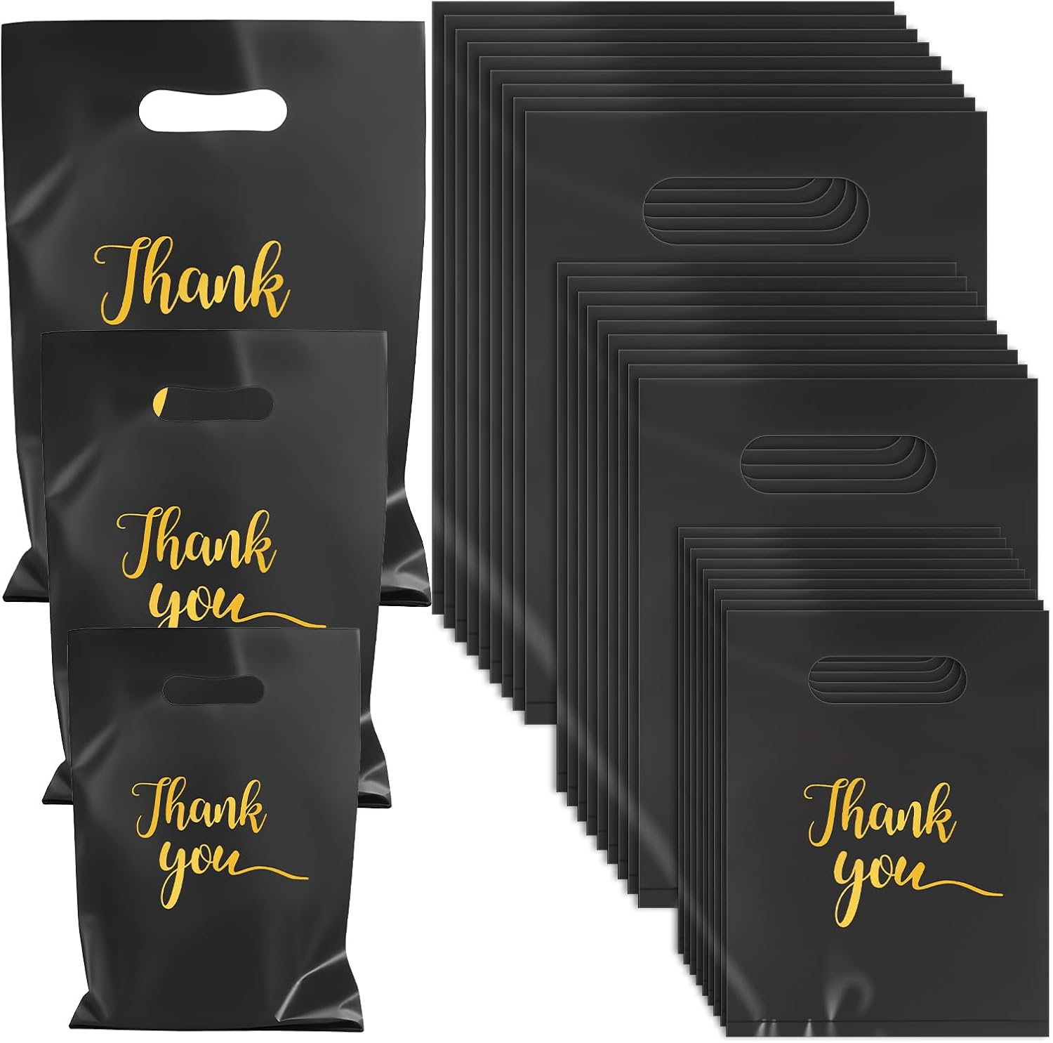 300 Pcs Thank You Merchandise Bags for Small Business, 3 Size Plastic Retail Shopping Bag with Handles, Bulk Merchandise Clothes Bag Reusable Goodie Bags for Wedding Party Stores Boutique Gift