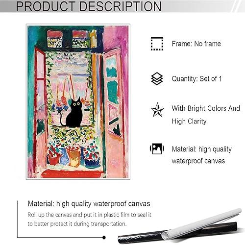 Miniatura 2 de Divertido póster vintage con diseño de gato negro en la ventana, arte de pared con diseño de gato con ventana abierta, arte abstracto y estético de